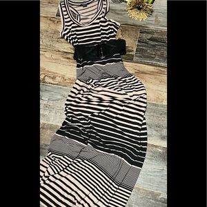 NWOT My Michelle maxi striped brown /cream sleeveless dress with belted waist.